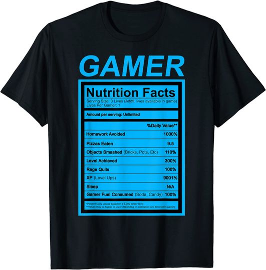Discover Gamer Nutrition Facts Blue Label Funny Graphic T Shirt