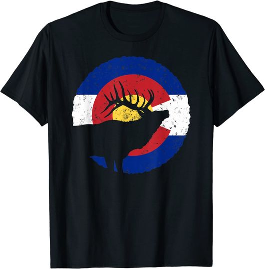 Discover Colorado Elk Hunting T Shirt: CO State Flag Hunter T Shirt