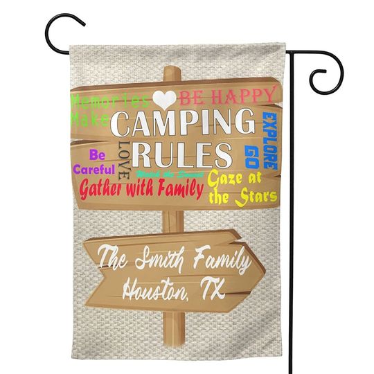 Discover Personalized Camping Rules Garden Flag Custom Family Name