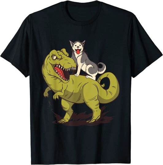 Discover Siberian Husky Dog Riding Dinosaur T-Shirt