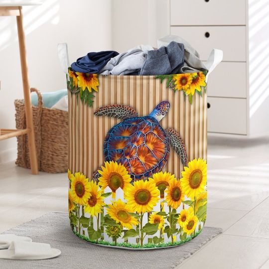 Discover TURTLE - SUNFLOWER AND FENCE IN WOOD BASKET