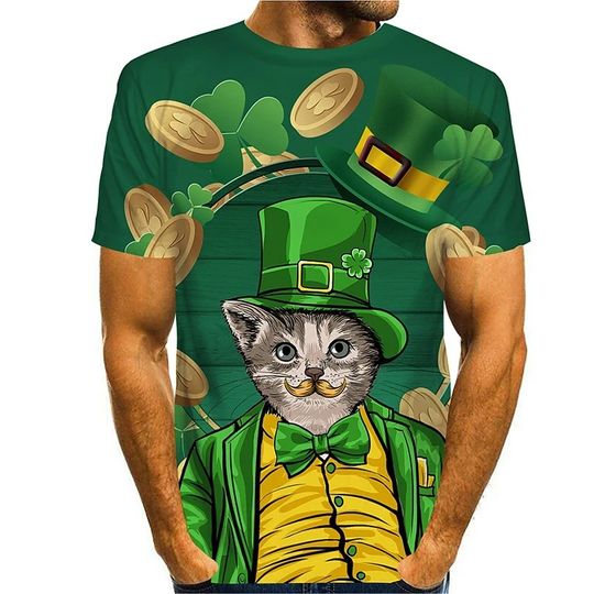 Discover T shirt 3D Print Cat Graphic Prints Saint Patrick Day 3D Print Short Sleeve Daily Tops Casual Fashion