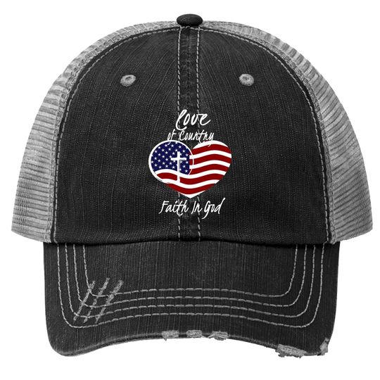 Discover Patriotic Christian Faith In God Heart Cross American Flag Trucker Hat