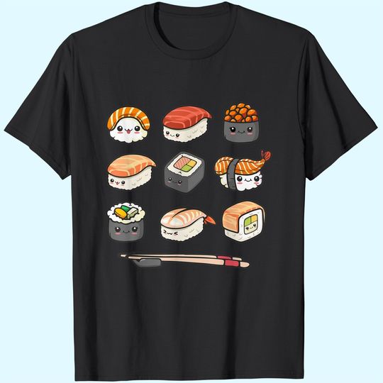 Discover Happy Sushi Anime Kawaii Set Japanese Food Lover Otaku Manga T-Shirt
