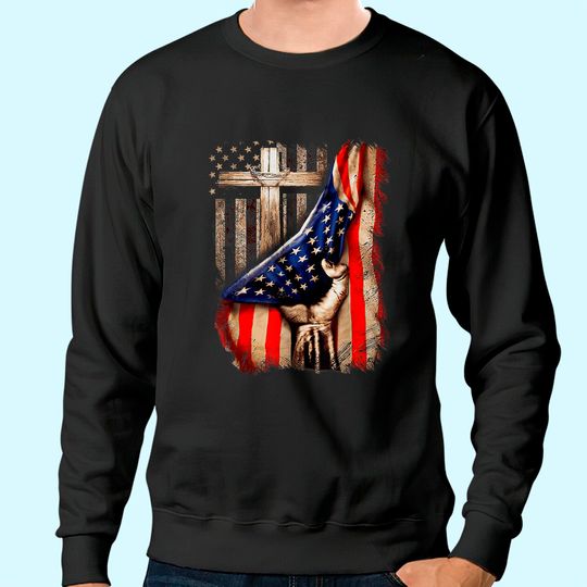 Discover Vintage Mens Faith Over Fear Christian Cross American Flag Sweatshirt
