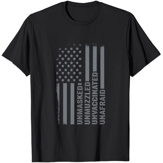 Discover Unmasked Unmuzzled Unvaccinated Unafraid US Flag Distressed T-Shirt