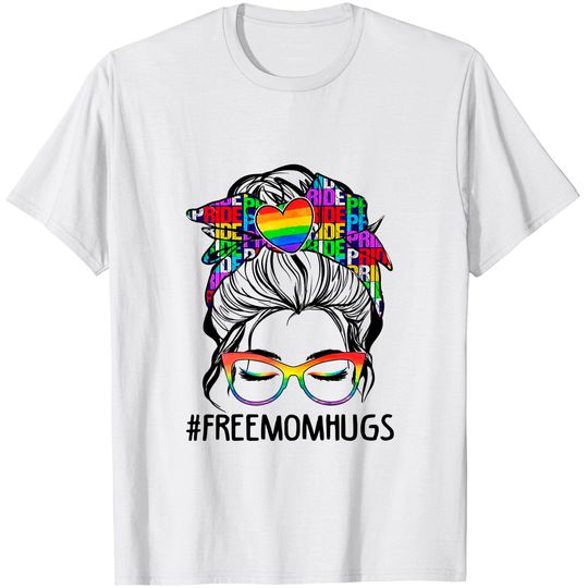 Discover Womens Free Mom Hugs Messy Bun LGBT Pride Rainbow T-Shirt