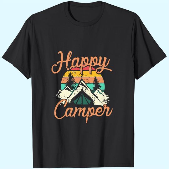 Discover Happy Camper Shirt for Women Funny Cute Graphic Tee Short Sleeve Letter Print Casual Tee Shirts