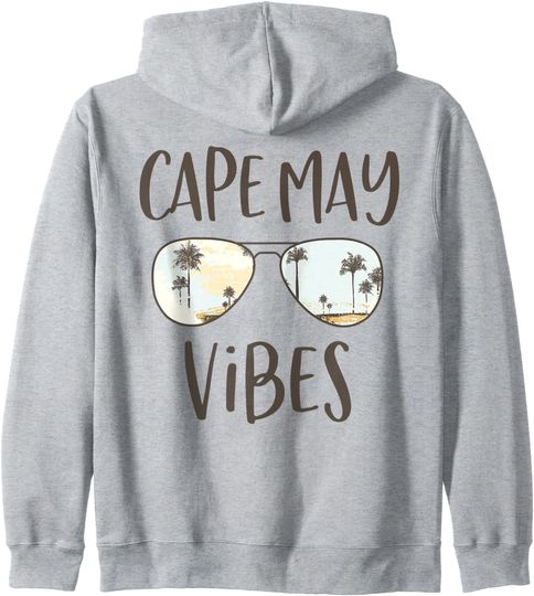 Discover Cape May Beach Vibes Ocean Palm Tree Sunset Sunglasses Zip Hoodie