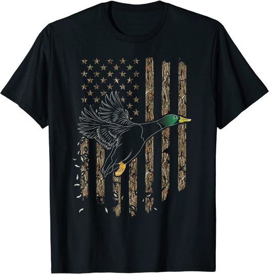 Discover Duck Hunter American Flag Waterfowl Hunting Camouflage T Shirt