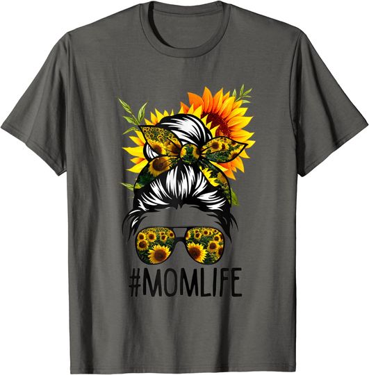 Discover Mom Life Messy Hair Bun Sunflower Women T-Shirt