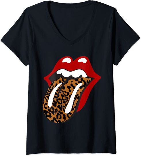 Discover Rolling Stones Classic Leopard Tongue V-Neck T-Shirt
