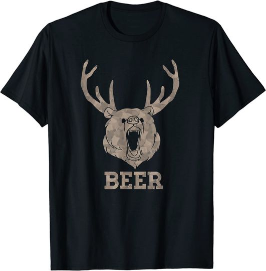 Discover Bear Deer Beer Drinking Camo Antlers Hunting Camping Gift T-Shirt