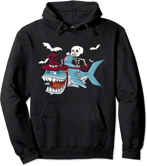 Discover Funny Skeleton & Shark Ride - Horror Night Gift Pullover Hoodie