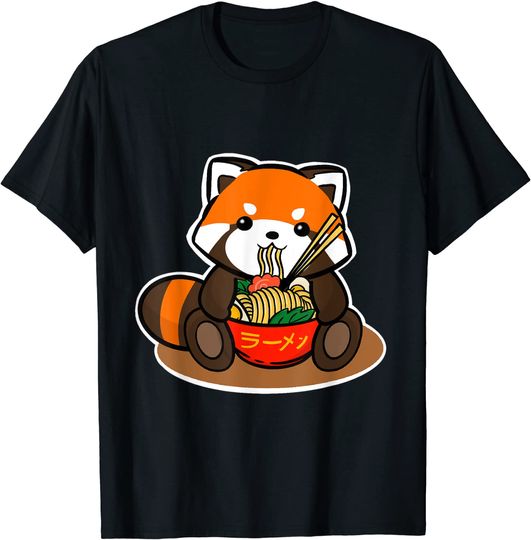 Discover Cute Red Panda Eating Ramen Noodles Illustration T Shirt