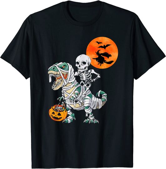 Discover Skeleton Riding T Rex Dinosaur Mummy, Pumpkin Halloween T-Shirt