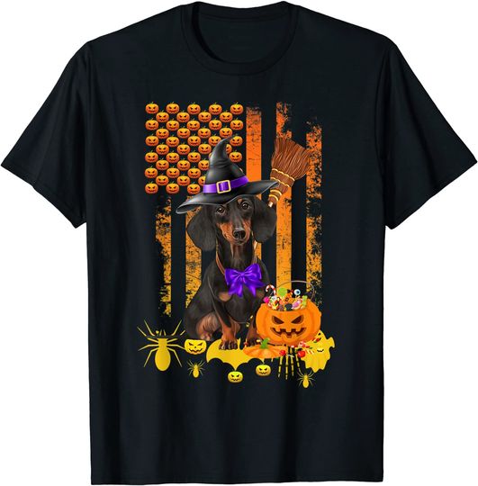 Discover Dachshund Dog Pumpkin American Flag Halloween Dog T-Shirt