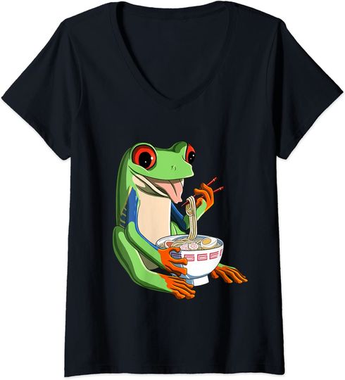 Discover Japanese Kawaii Ramen Red Eyed Tree Frog V-Neck T-Shirt