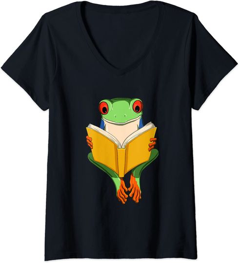 Discover Red Eyed Tree Frog Read Book V-Neck T-Shirt