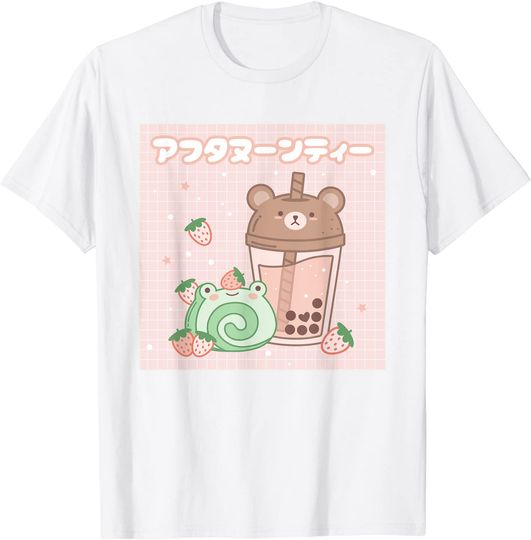 Discover Boba Tea Bear & Strawberry Cake Frog Kawaii Aesthetic T-Shirt
