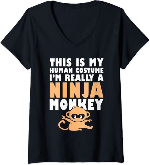 Discover This Is My Human Costume I'm Really A Ninja Monkey V-Neck T-Shirt