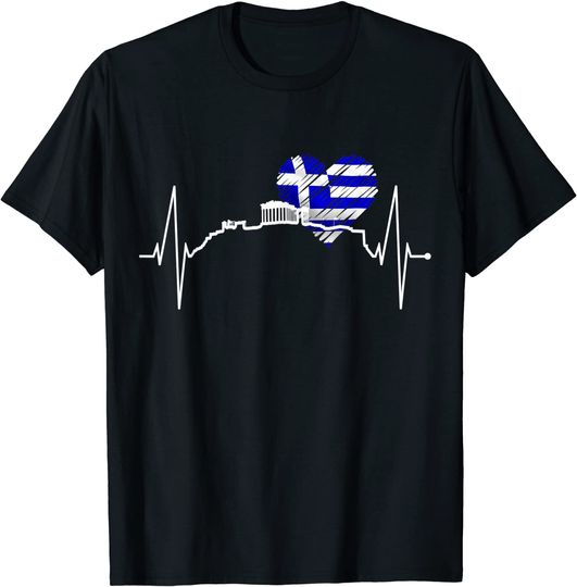 Discover Athens Skyline Heartbeat Heart Ancient Greek Flag T Shirt
