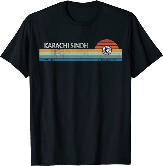 Discover Karachi Sindh Pakistan Retro Sunset Rainbow Synth Striped T-Shirt