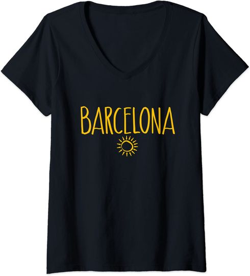 Discover Barcelona Spain Sun Drawing Handwritten Text Amber Print V-Neck T-Shirt