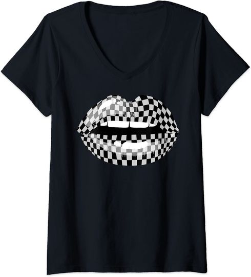 Discover Checkered Black White Lip Gift Checkerboard Women V-Neck T-Shirt