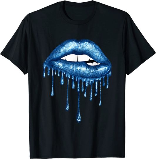 Discover Blue Dripping Biting Lips Faux Lipstick Effect 80s T-Shirt
