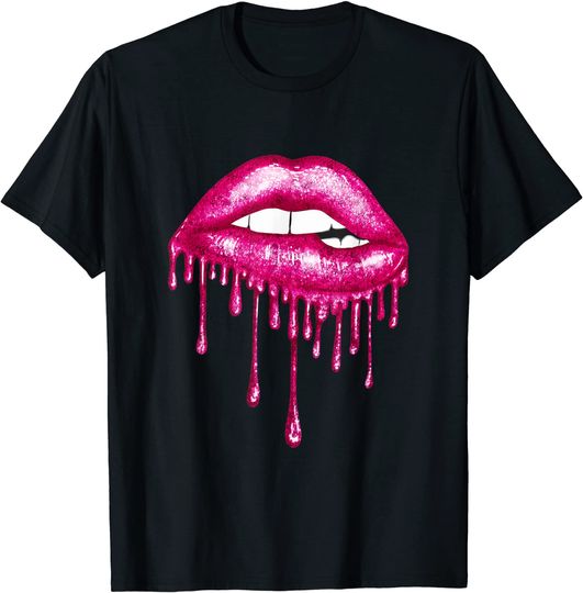 Discover Pink Dripping Biting Lips Faux Lipstick Effect 80s T-Shirt