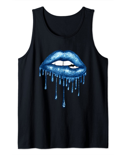 Discover Blue Dripping Biting Lips Faux Lipstick Effect 80s Tank Top