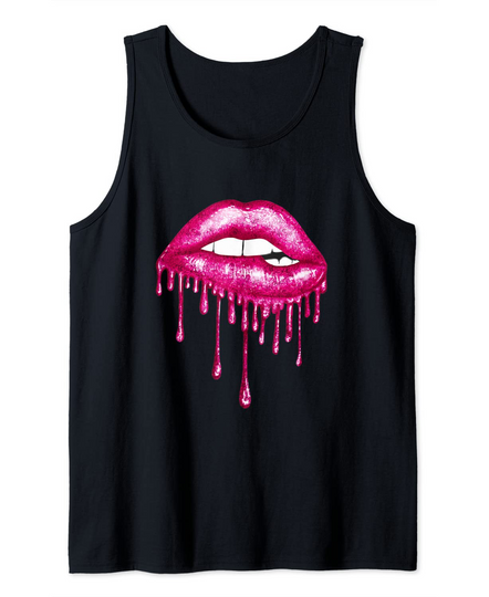 Discover Pink Dripping Biting Lips Faux Lipstick Effect 80s Tank Top