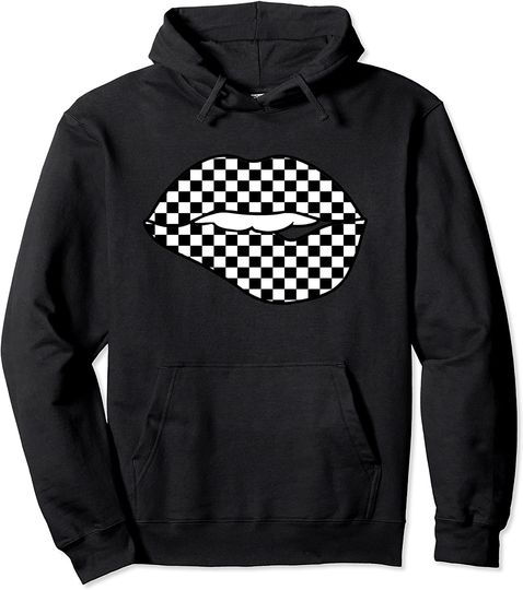 Discover Checkered Black White Lip Gift Checkerboard Women Pullover Hoodie