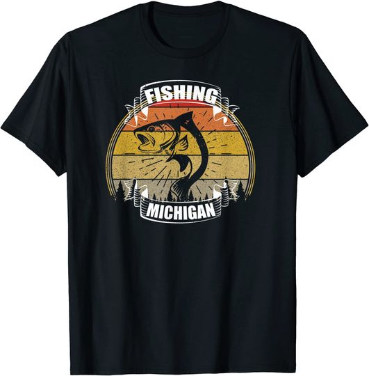 Discover Vintage Sunset Trees Fishing Michigan T-Shirt