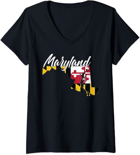 Discover Maryland Map Flag State Pride V Neck T Shirt