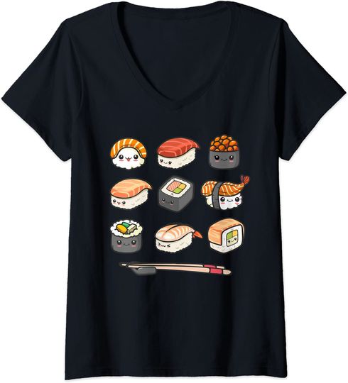Discover Happy Sushi Anime Kawaii Set Japanese Food Lover Otaku Manga V-Neck T-Shirt