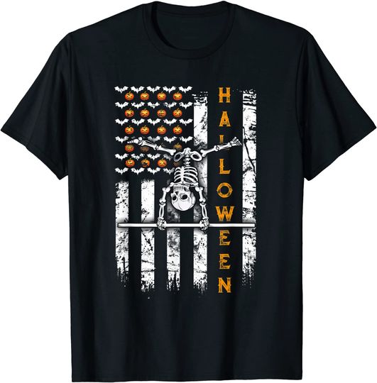 Discover Skeleton Gymnastics Halloween Horizontal Bar US Flag T Shirt