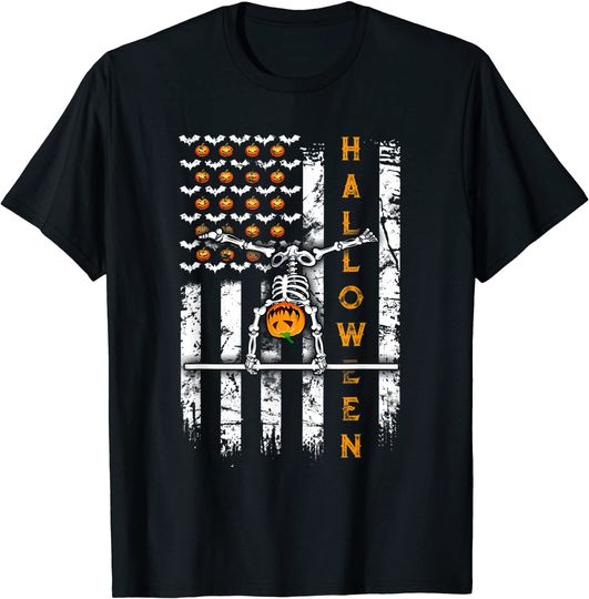 Discover US Flag Skeleton Gymnastics Halloween Horizontal Bar T Shirt