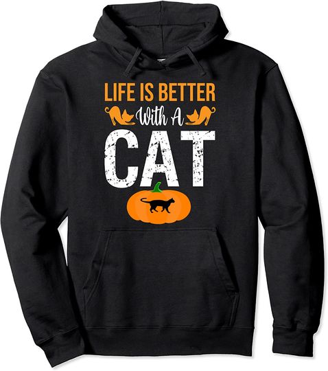 Discover Life Is Better With A Cat Funny Halloween Pullover Hoodie