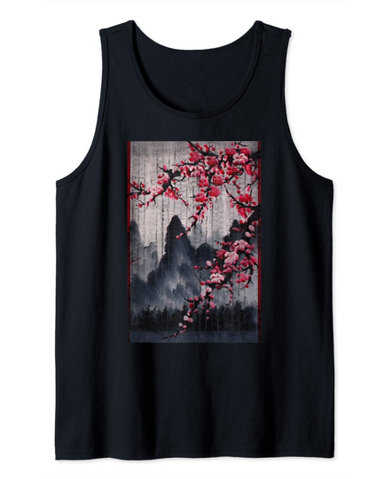 Discover Vintage Cherry Blossom Woodblock Japanese Graphical Art Tank Top