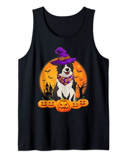 Discover Funny Witch Hat Pumpkin Border Collie Halloween Tank Top