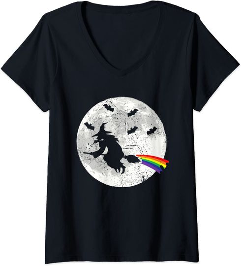 Discover Halloween Witch Rainbow Witch Broom Lesbian Witch Pride V-Neck T-Shirt