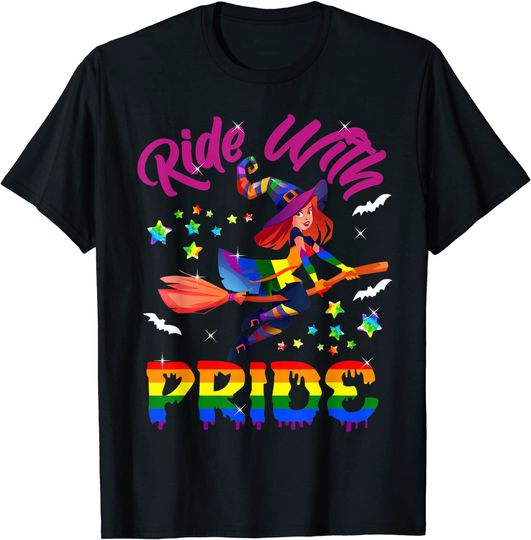 Discover Ride With Pride Halloween Costume LGBT Gay Pride Witch T-Shirt