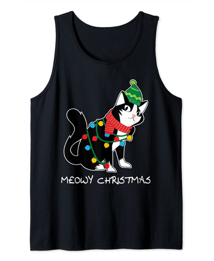Discover Santa Hat Cat Meowy X-Mas Light Up Funny Christmas Gift Tank Top