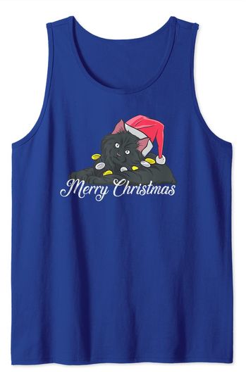 Discover Black Cat Wearing a Santa Hat and Merry Christmas Lights Tank Top