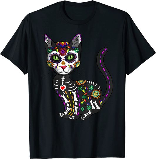Discover Cat Skull Cute Sugar Skull Mexican Cat Halloween Day Of The Dead T-Shirt