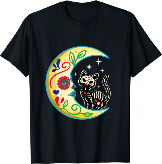 Discover Cat Skull & Moon Sugar Skull Dia de Los Muertos Day of The Dead T-Shirt