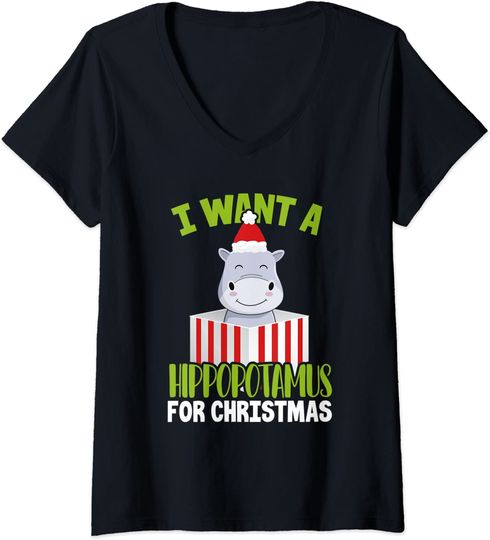 Discover I Want A Hippopotamus For Christmas Funny Hippo Lover Attire V-Neck T-Shirt