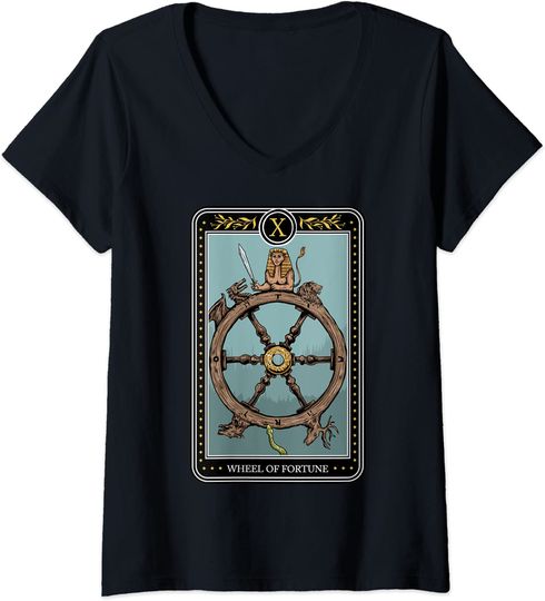 Discover Wheel of Fortune Tarot Card Tee for Unisex Witch and Occults V-Neck T-Shirt